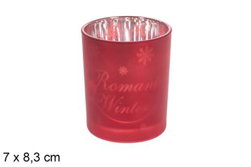[117867] Portavela cristal mate roja/plata decorado copo de nieve 7x8,3 cm