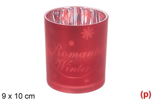 [117873] Portavela cristal mate roja/plata decorado copo de nieve 9x10 cm