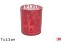 Portavela cristal mate roja/plata decorado renos y árboles 7x8,3 cm