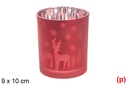 Portavela cristal mate roja/plata decorado renos y árboles 9x10 cm