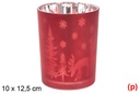 Portavela cristal mate roja/plata decorado renos y árboles 10x12,5 cm