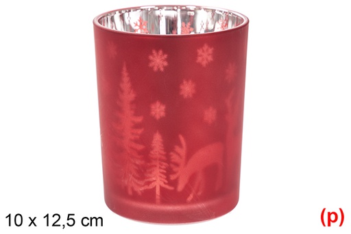 [117886] Bougeoir en verre rouge/argenté mat décoré de rennes et d'arbres 10x12,5 cm