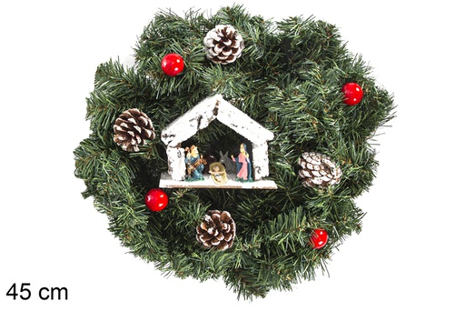 [117895] PVC Crown with Nativity, red fences and pine cones 45 cm