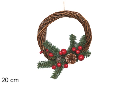 [117902] Wreath decorated with branches, red berries and pine cones with snow 20 cm