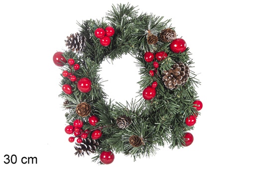 [117907] PVC wreath with red berries and snowy pine cones 30 cm 