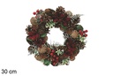 Couronne en bois avec fleurs rouges pailletées feuilles argentées 30 cm