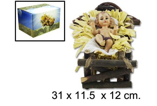 [048919] Gesù Bambino in culla di legno 30 cm