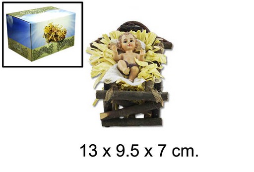 [048922] Gesù Bambino in culla di legno 13 cm