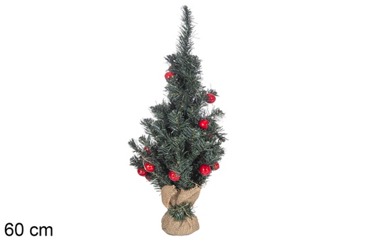 [118035] Green PVC tree with red berries in wooden box 60 cm