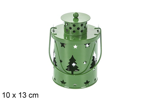 [118038] Bougeoir Noël vert en métal avec bougie LED 10x13 cm