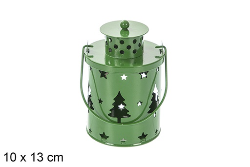 [118038] Green Christmas metal candle holder with LED candle 10x13 cm