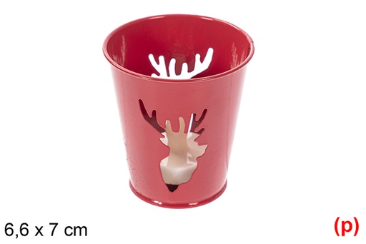 [118202] Bougeoir Noël rouge en métal avec bougie LED 6,6x7 cm