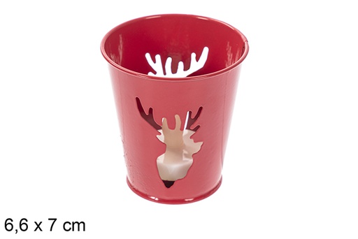 [118202] Red Christmas metal candle holder with LED candle 6,6x7 cm