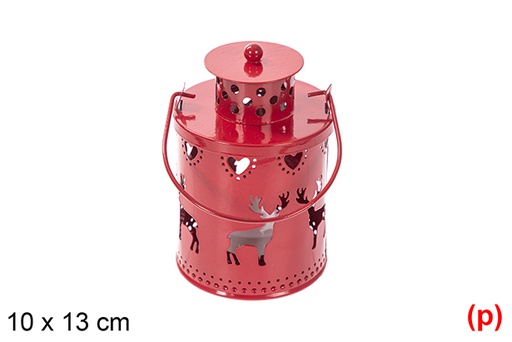 [118264] Bougeoir de Noël en métal rouge avec bougie LED 10x13 cm