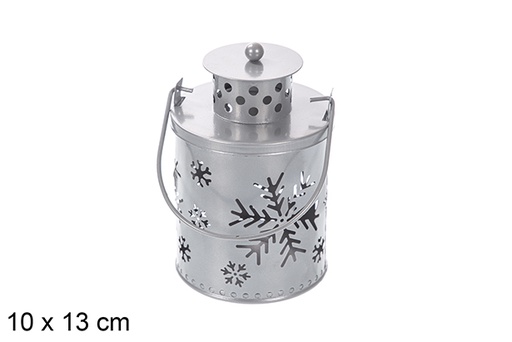 [118267] Bougeoir de Noël en métal argenté avec bougie LED 10x13 cm