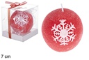 Vela bola roja decorada copo de nieve 7 cm