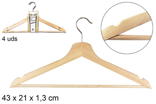 [118701] Pack 4 perchas de madera natural 43 cm