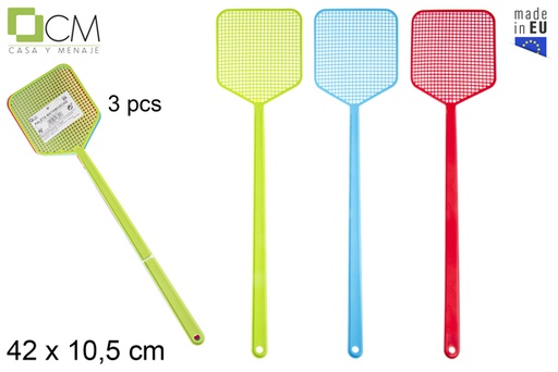 [118884] Pack 3 raquettes anti-mouches couleurs assorties 42x10,5 cm