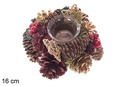 Portavelas cristal con piñas rojas y oro 16 cm