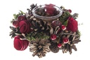 Porta vela cristal decorado piñas y flores rojas 17 cm