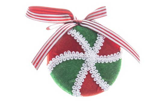 [119772] Colgante esfera plana terciopelo rojo/verde 7,5 cm