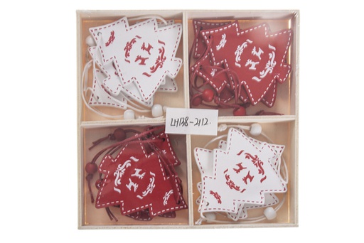 [119921] Pack 12 colgantes madera árbol rojo y blanco surtido