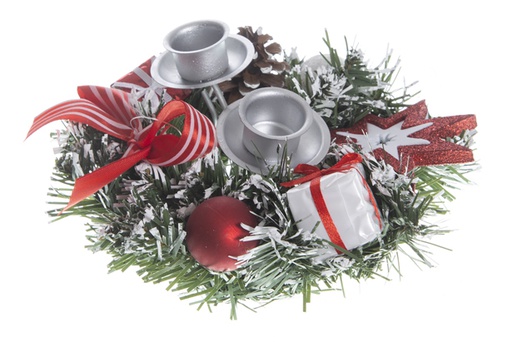 [119979] Corona portavelas nevada Navidad decorada rojo/blanco 20 cm