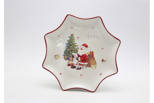 [119989] Vassoio in ceramica a forma di stella di Natale decorato con Babbo Natale 30,5 cm
