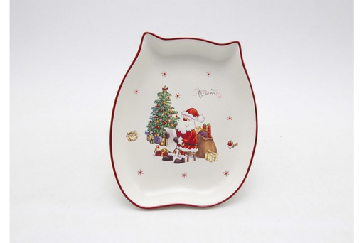 [119998] Vassoio natalizio in ceramica a forma di gatto decorato con Babbo Natale 15 cm