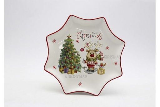 [120026] Christmas star shaped ceramic tray decorated Reindeer 30,5 cm