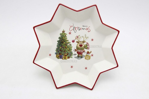 [120037] Bandeja cerámica forma estrella Navidad decorada reno 27 cm