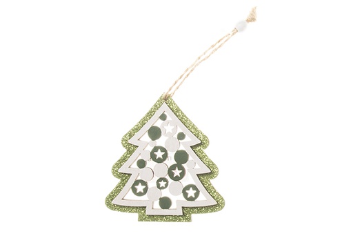 [120302] Green decorated Christmas tree wooden pendant