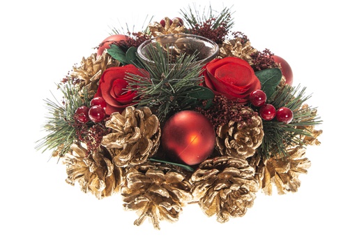 [120408] Castiçal decorado com bolas douradas e pinhas 21 cm