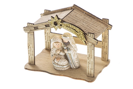 [120481] Wooden Nativity scene with resin figures shooting star