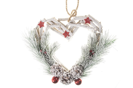 [120491] Pingente de madeira com coração de neve decorado com pinhas e pinhas 30 cm