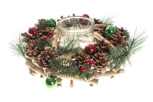 [120500] Wooden candle holder with pine cones and Christmas balls 30cm