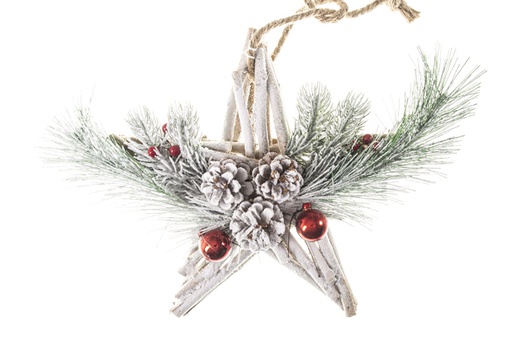 [120502] Pingente estrela de madeira nevado decorado com pinheiros e pinhas 30cm