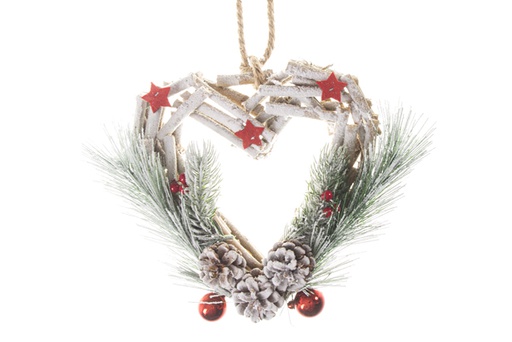 [120503] Colgante madera corazón nevado decorado pino y piñas 25 cm