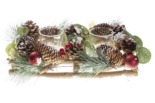 [120504] Double wooden candle holder with pine cones and pine 25x12cm