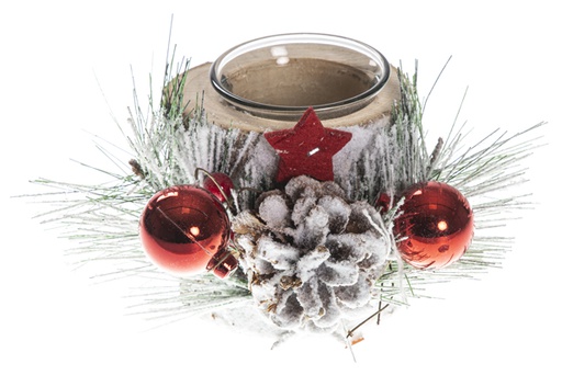 [120507] Portacandele tronco innevato decorato con ananas e stella rossa 13 cm