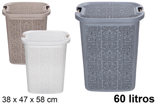[120927] Gray plastic laundry basket with wooden handles 60 l.