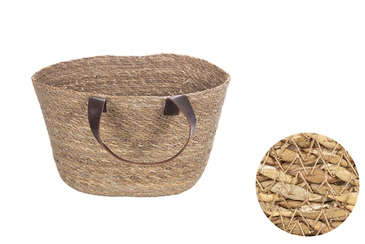 [121119] Small seagrass basket with short leather handle