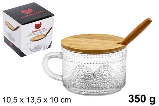 [121278] Crystal sugar bowl with handle with bamboo lid and spoon 350 gr.