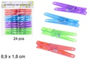 Pack 24 pinzas plástico color surtido 8,9x1,8 cm