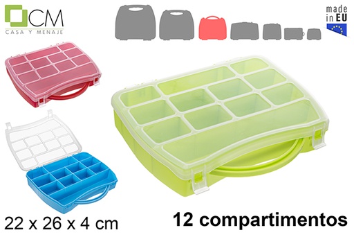[121397] Boîte de rangement en plastique avec 12 compartiments couleurs assorties