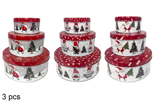 [121762] Pack 3 scatole rotonde in metallo decorate natalizie assortite