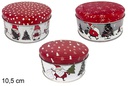 Caja metal redonda decorada Navidad surtida 10,5 cm
