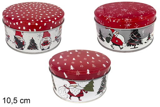 [121763] Boîtes rondes en métal décorées de Noël assortie 10,5 cm