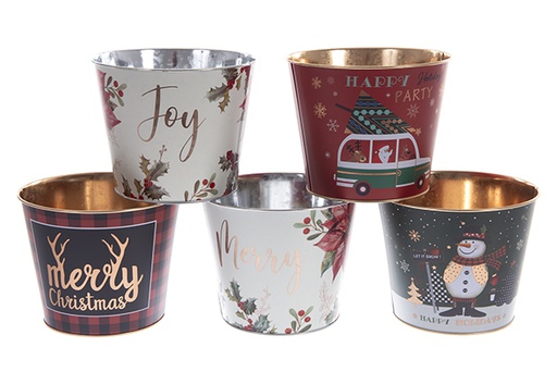 [121766] Balde para vaso de flores em metal decorado de Natal sortido 17,5x14 cm