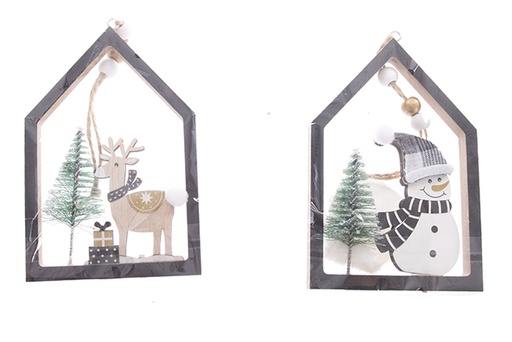 [122219] Maison suspendue en bois noir pour décoration de Noël 12 cm
